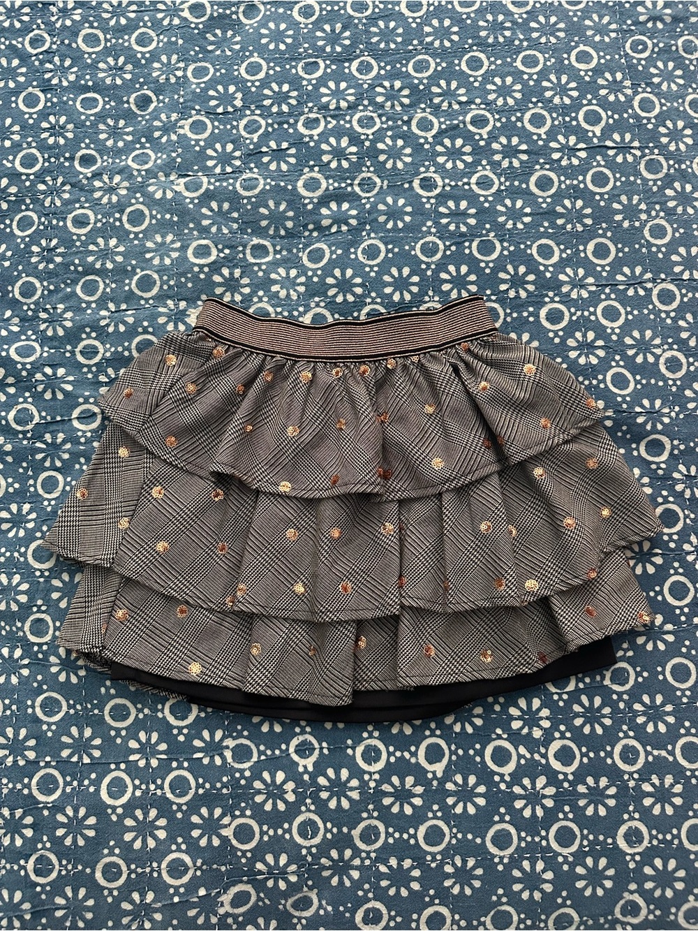 Tiered Plaid Ruffle Skirt with Sequined Dot Accents - Black/Grey
